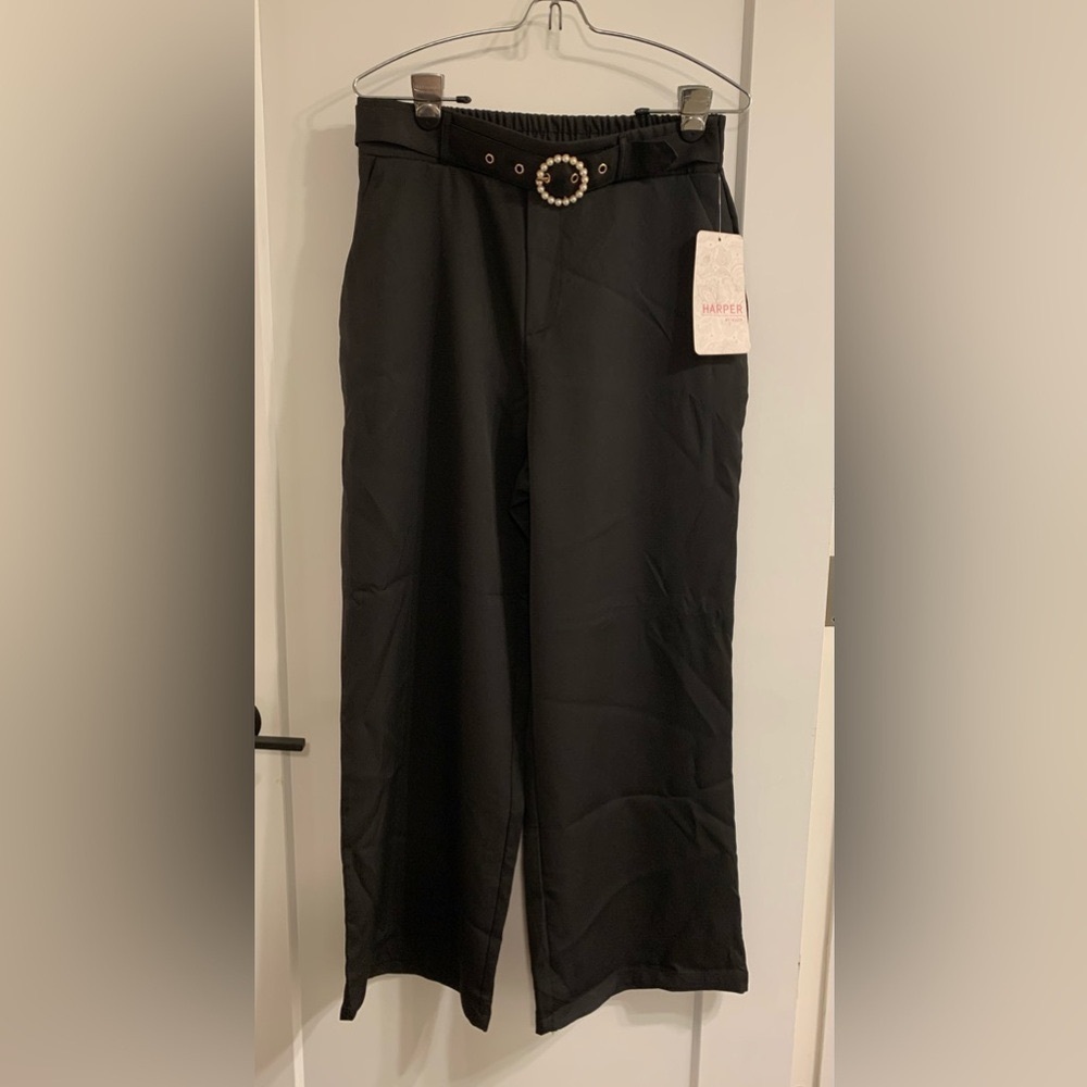 Harper Black Wide Leg Pants with Pearl Buckle belt